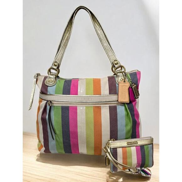 Coach 19021 Poppy Legacy Stripe Sequins Glam Tote & Wristlet - Picture 15 of 15